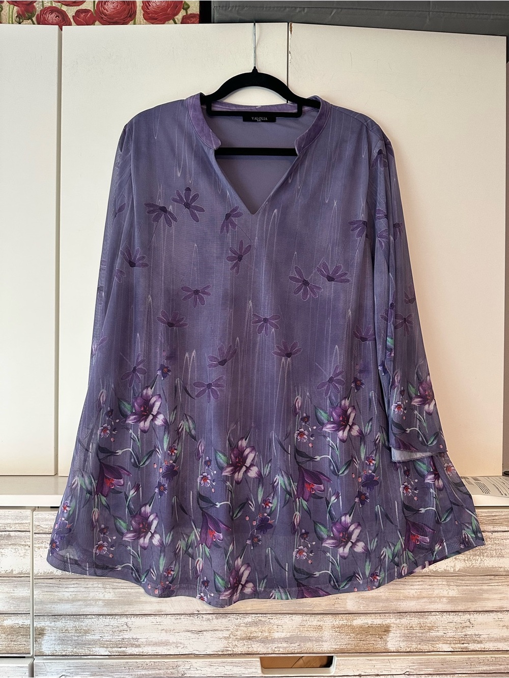🌸 Valolia Purple Floral Mesh Overlay Tunic Top Bell Sleeves XXL